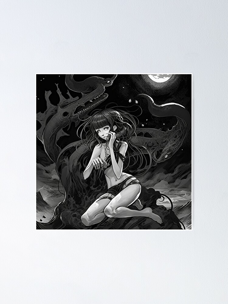 Premium Vector  A black and white poster of a anime girl with a