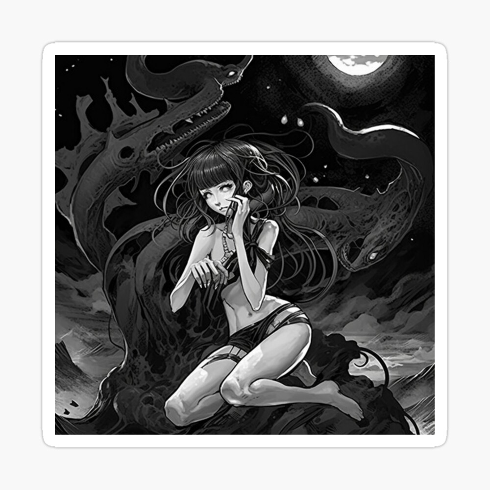 Anime girl with monster in black and white