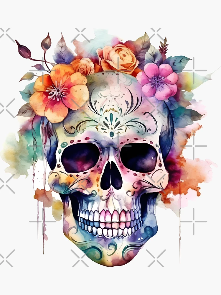 Colorful Sugar Floral Skull Skeleton Watercolor 1 Sticker