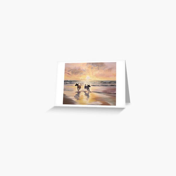 Dogs Running on Beach at sunset Greeting Card