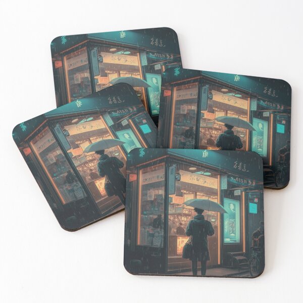 Item preview, Japanese Man standing in Rain in front of Cafe designed and sold by J-inked.