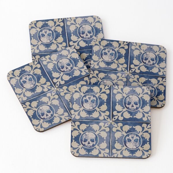 Item preview, Moroccan-Style Blue and Cream Tile Pattern with Gothic Skull Design - Unique and Striking! designed and sold by RedFinchDesigns.