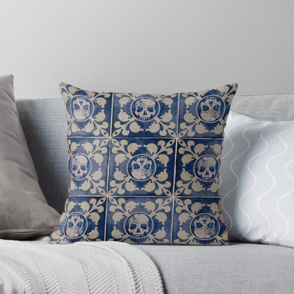 Item preview, Moroccan-Style Blue and Cream Tile Pattern with Gothic Skull Design - Unique and Striking! designed and sold by RedFinchDesigns.