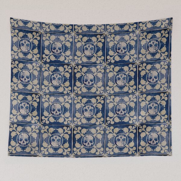 Item preview, Moroccan-Style Blue and Cream Tile Pattern with Gothic Skull Design - Unique and Striking! designed and sold by RedFinchDesigns.