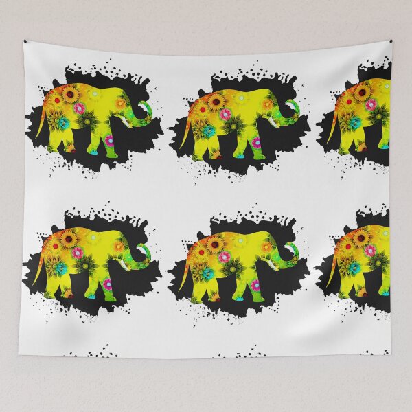 Item preview, Beautiful deep yellow elephant dotted with flowers. Black background. designed and sold by Billion-design.