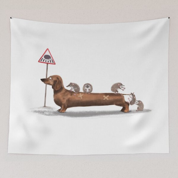Item preview, Dachshund helping hedgehogs crossing the street designed and sold by Fionna Bottema.