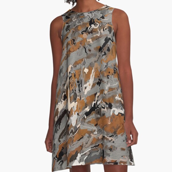 Gray, Black and Caramel Abstract A-Line Dress
