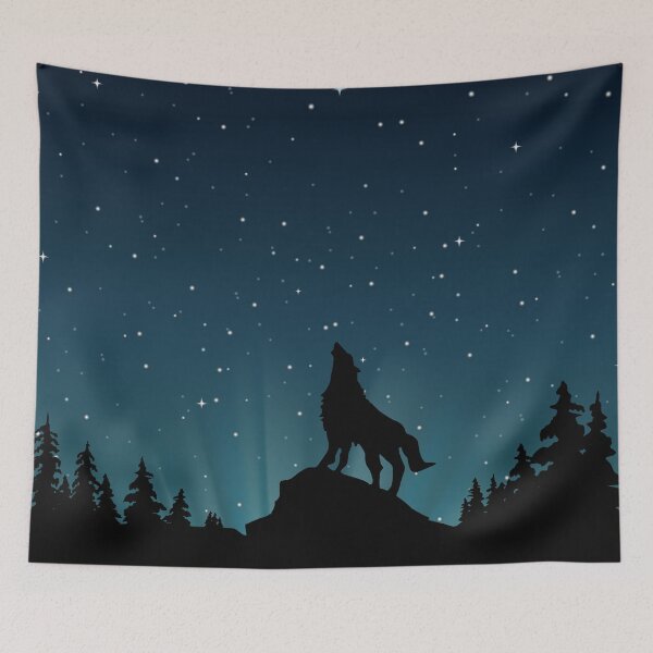Item preview, the night sky with a wolf howling at the moon, starry night background designed and sold by SabinArt.