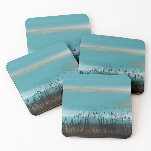 Item preview, Beige, turquoise, fog, marshy landscape with aquatic plants, abstract Watercolor designed and sold by Collagedream.