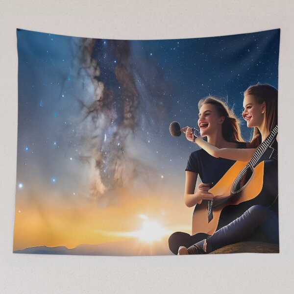 Aperçu de l'œuvre Deux chanteuses avec guitare sous un ciel étoilé en bord de mer créée et vendue par Chancedazur.