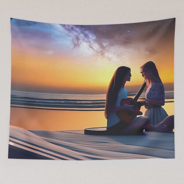 Item preview, Dos cantantes con guitarra bajo un cielo estrellado junto al mar. designed and sold by Chancedazur.