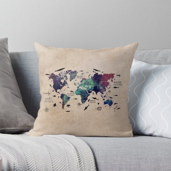 World Map Oceans #map #worldmap Throw Pillow
