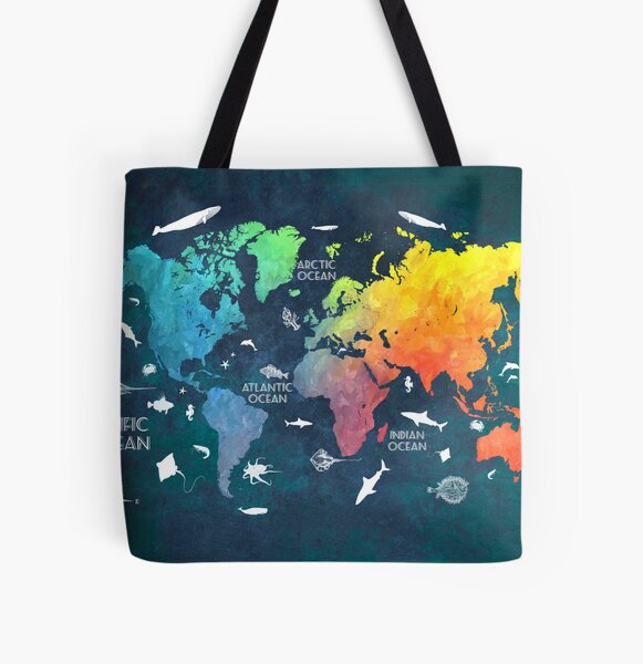 Oceans Life World Map colored All Over Print Tote Bag