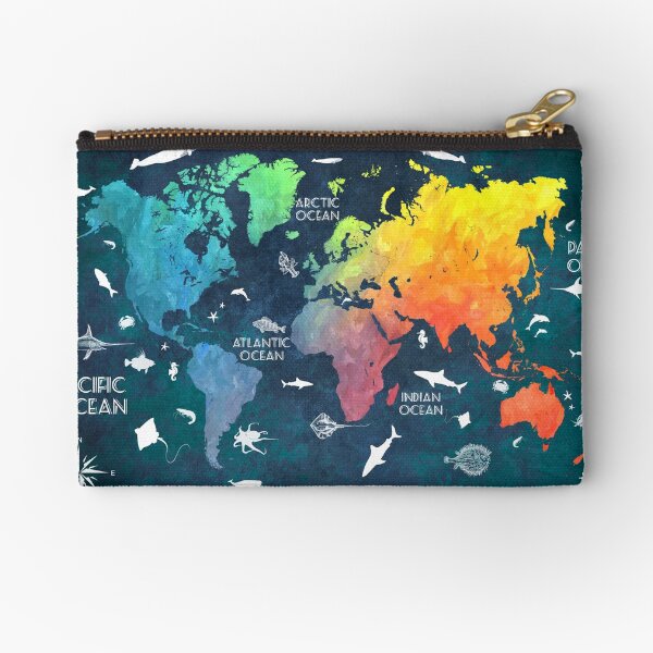 Oceans Life World Map colored Zipper Pouch