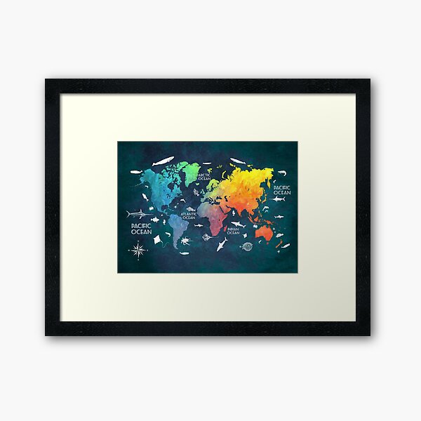 Oceans Life World Map colored Framed Art Print