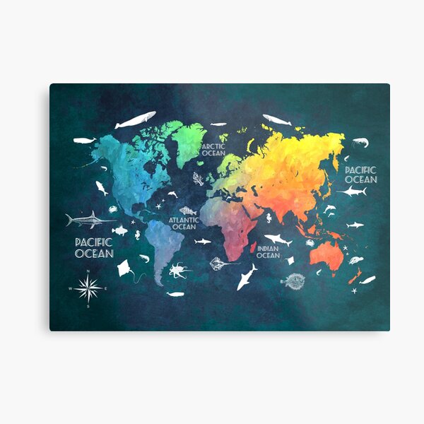 Oceans Life World Map colored Metal Print