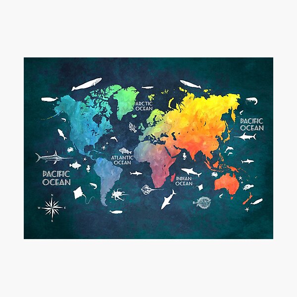 Oceans Life World Map colored Photographic Print