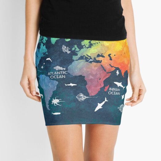Oceans Life World Map colored Mini Skirt