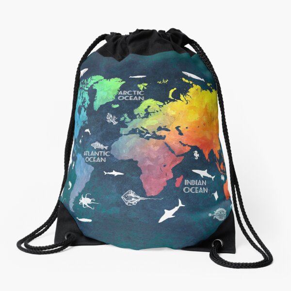 Oceans Life World Map colored Drawstring Bag