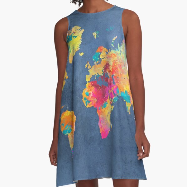 blue world map #map #worldmap A-Line Dress