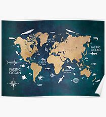 Oceans Life Weltkarte blau Poster