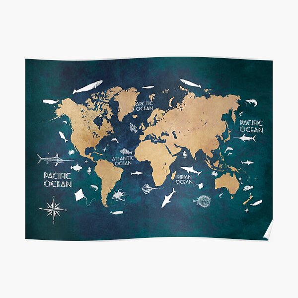 Oceans Life World Map blue #map #worldmap Poster