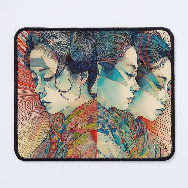Item preview, Trance of Time: Hypnotic Triple Exposure Portrait of a Japanese Woman in Multicolor Line Art designed and sold by Toph Moses.