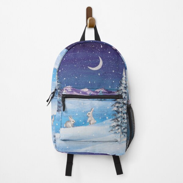 Item preview, snowy bunny mountain moonlight pine tree snow scenery winter designed and sold by LEILA ART SPACE.