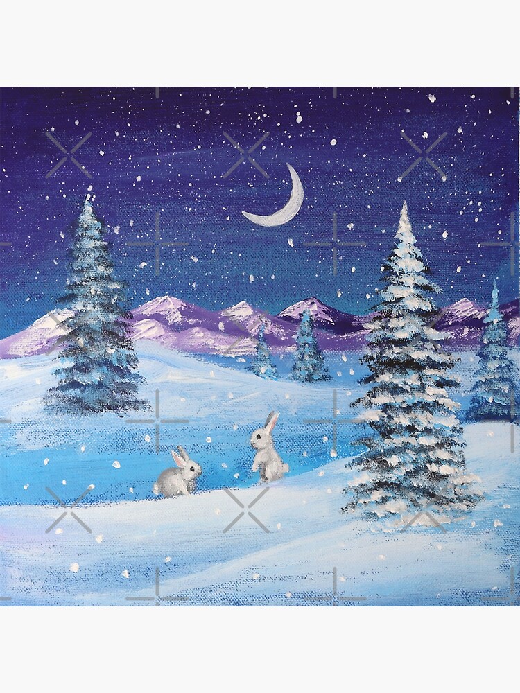 snowy bunny mountain moonlight pine tree snow scenery winter | Postcard