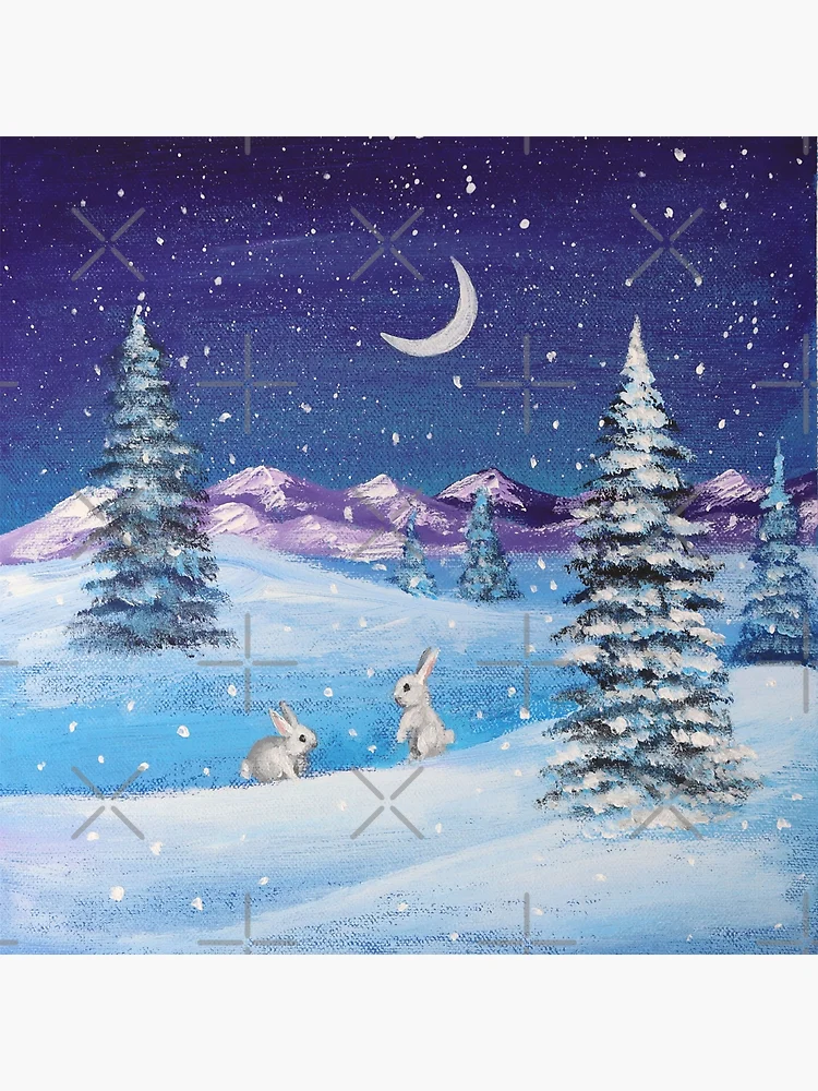 snowy bunny mountain moonlight pine tree snow scenery winter