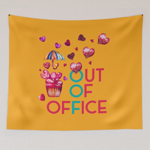 Item preview, Out of office, funny slogan with pink cupcake, umbrella and hearts  designed and sold by IngaDesign.