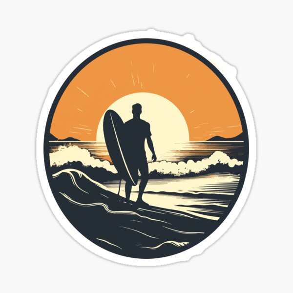 Retro surfer holding surf board at sunset  Sticker