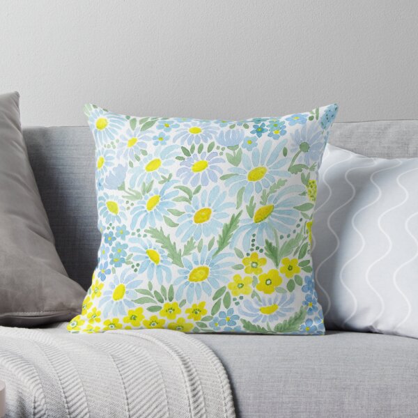 Watercolor . Chamomile field. 1 Throw Pillow