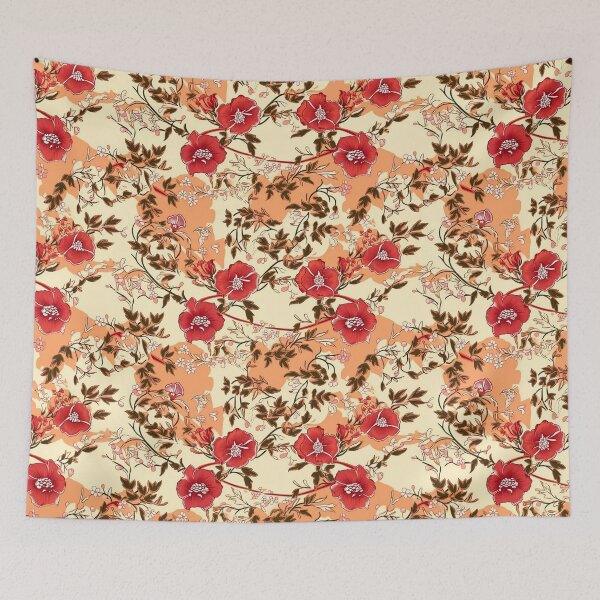 Item preview, Asian Boho Red Flowers Floral Pattern Colorful Vintage Flowers A Line Dress Beige Boho Home Decor  designed and sold by iPaint Airbrush Studio.