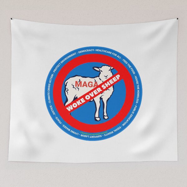 Item preview, PMD00709 Progressive Movement Designs Woke Over Sheep design shows you are woke support progressive policy goals for progressive Democrats Independents and Bernie Sanders supporters designed and sold by ProgressiveLeft.