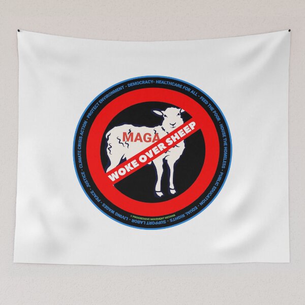 Item preview, PMD00710 Progressive Movement Designs Woke Over Sheep design shows you are woke support progressive policy goals for progressive Democrats Independents and Bernie Sanders supporters designed and sold by ProgressiveLeft.