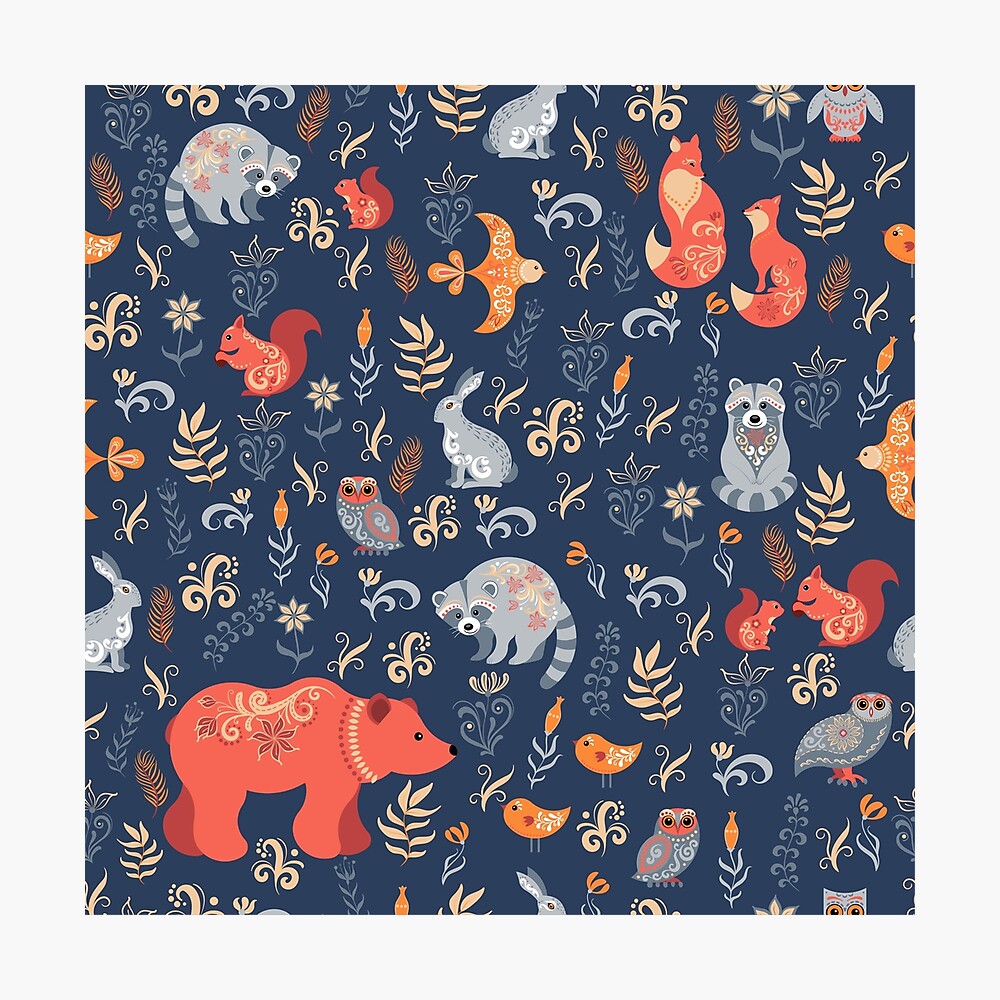Fairy-tale forest. Fox, bear, raccoon, owls, rabbits, flowers and herbs on a blue background. Photographic Print