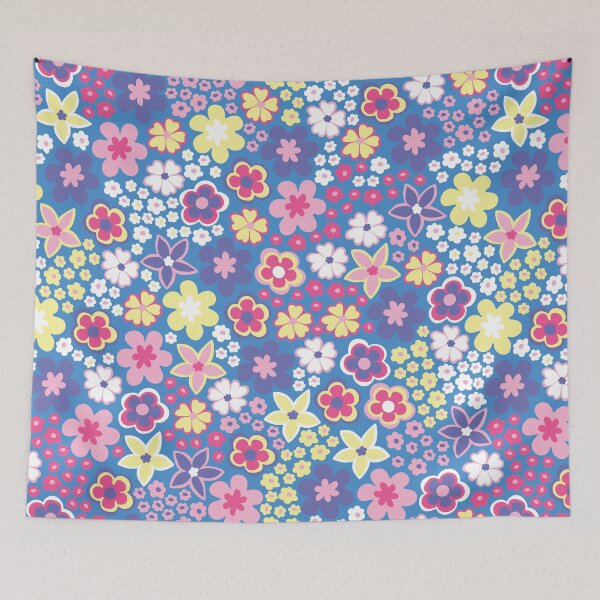 Item preview, Blue Pastel 60s retro flower power, purple, pink, pastel yellow, 60s groovy pattern, hippie flowers designed and sold by blomastudios.