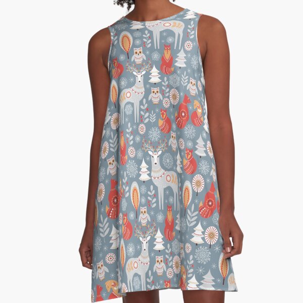 Seamless pattern with winter forest, deer, owl and Fox. The Scandinavian style. A-Line Dress