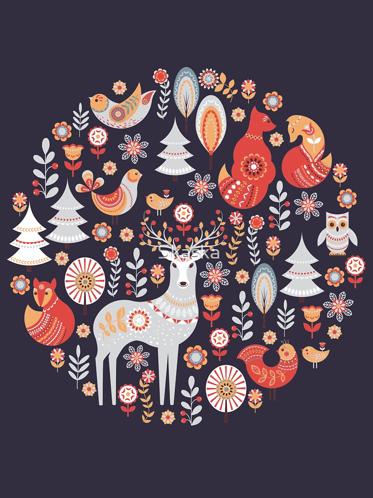 Fairy-tale forest. Foxes, deer, birds, owls, flowers and herbs on