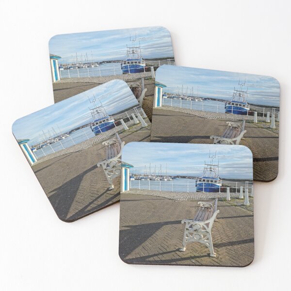 Item preview, Anstruther harbour with a blue fishing boat and a white bench designed and sold by S-and-W-4ever.