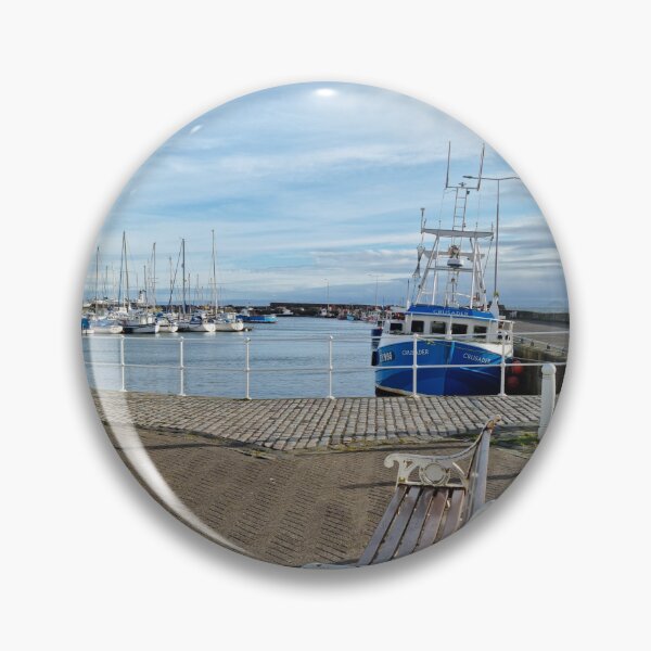 Item preview, Anstruther harbour with a blue fishing boat and a white bench designed and sold by S-and-W-4ever.