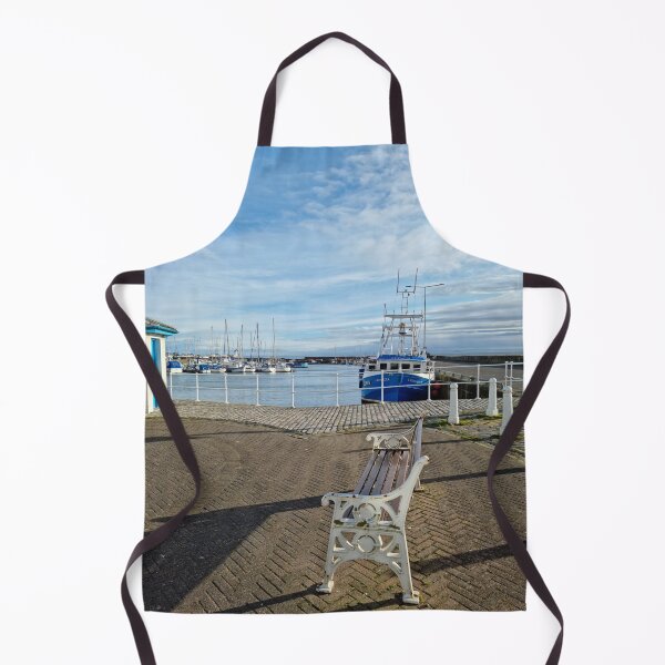 Item preview, Anstruther harbour with a blue fishing boat and a white bench designed and sold by S-and-W-4ever.