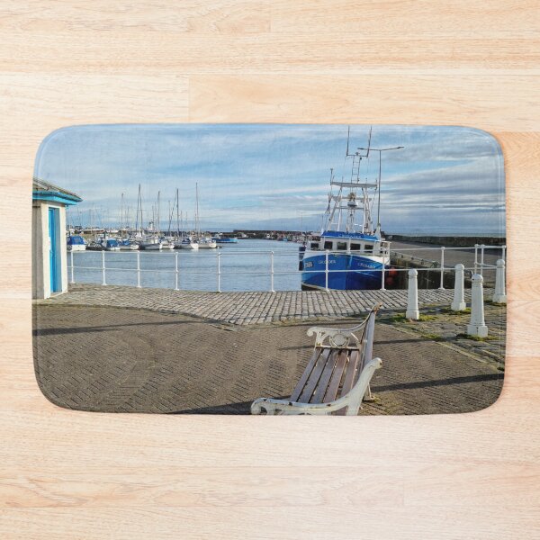 Item preview, Anstruther harbour with a blue fishing boat and a white bench designed and sold by S-and-W-4ever.