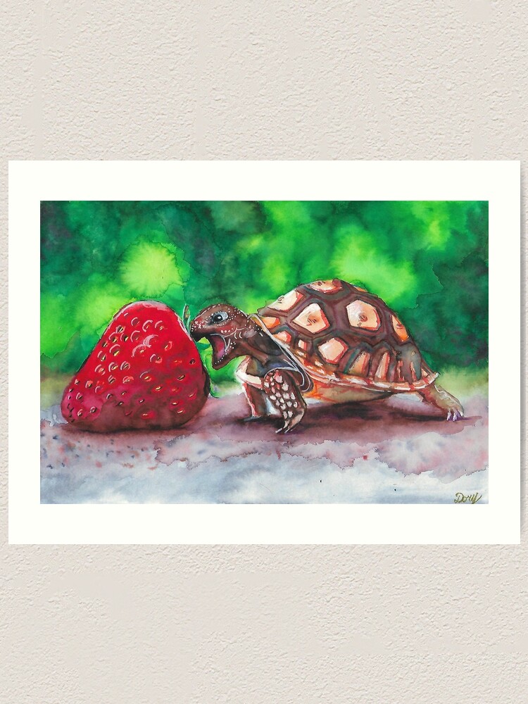 Cute Baby Tortoise Turtle Eating Strawberry Art Print By Dorysstories Redbubble