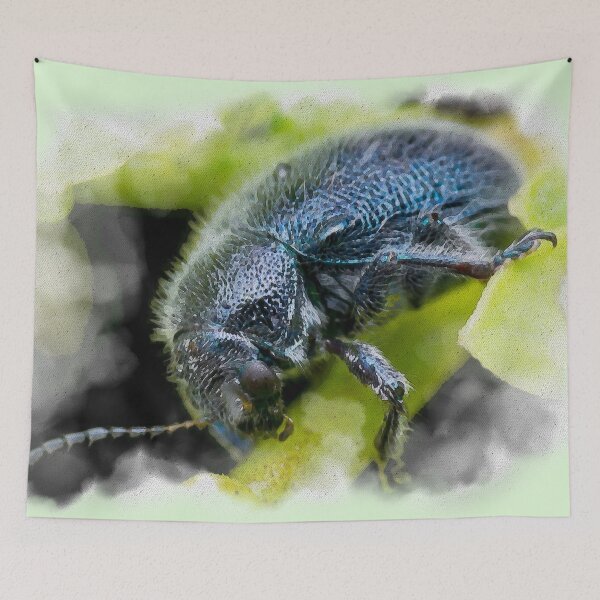 Item preview, A watercolour version of a metallic blue leaf beetle! (Trichochrysea hirta) relaxing on the petiole  designed and sold by AvonPerception.
