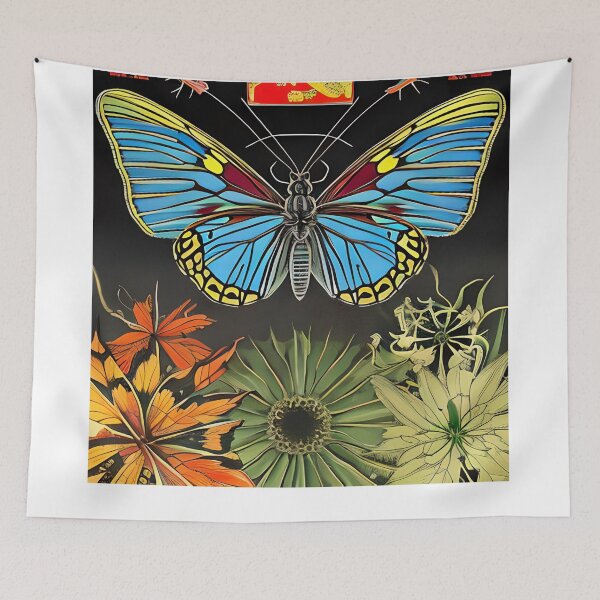 Artikelvorschau, Ein majestätischer blauer Schmetterling, der über einem Blumenfeld schwebt entworfen und verkauft von Beto Santos.
