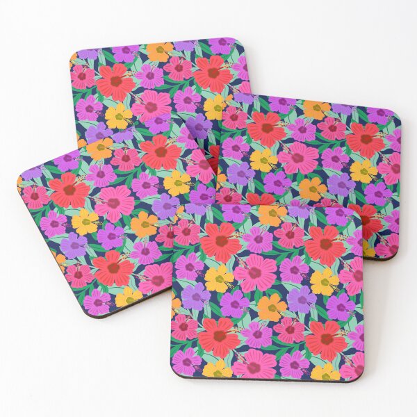 Item preview, Colourful hibiscus pattern on navy | tropical summer flowers designed and sold by Lindsay Marie Patterns.