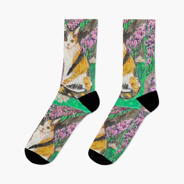 Item preview, Black, yellow and white cat gouache in a garden full of tulips designed and sold by altairaleon.