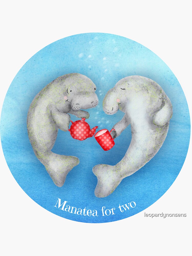 Thumbnail 3 of 3, Sticker, 'Manatea for two' Cute Tea Drinking Manatees designed and sold by leopardynonsens.